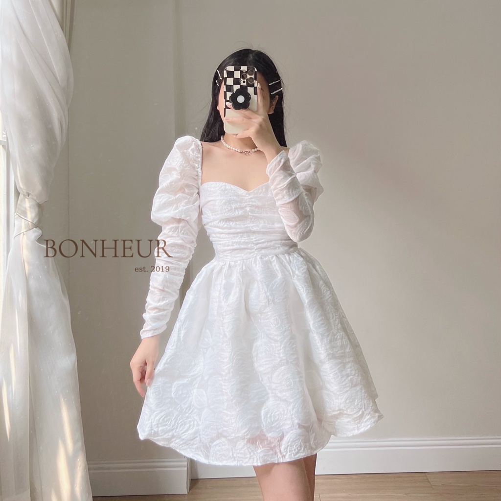 Váy tay bồng dài đầm xoè tơ hoa hồng tiểu thư phong cách công chúa thanh lịch bồng bềnh Bonrose Dress | BigBuy360 - bigbuy360.vn