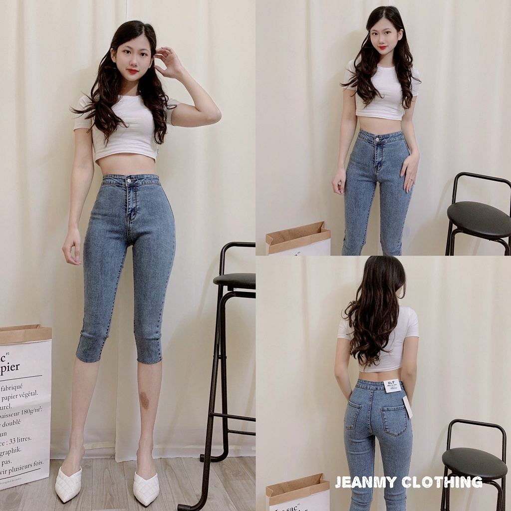 Quần jean lửng nữ lưng cao co dãn, mềm, quần chiều dài 70cm, quần Jean Skinny Bigsize