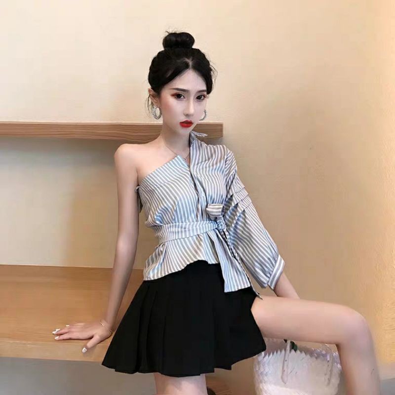 (HÀNG ORDER) Áo sơ mi kẻ lệch vai phối nơ kemd ảnh FEEDBACK