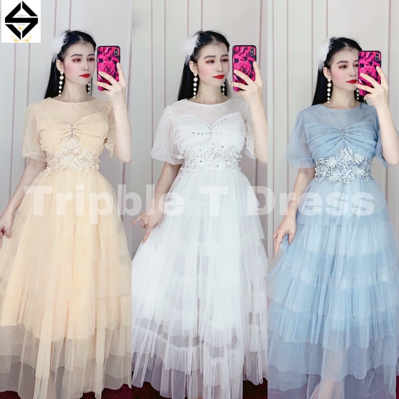 Đầm xoè công chúa tay phồng xếp tầng kết hoa nổi và cườm siêu xinh TRIPBLE T DRESS - size M/L - MS367V