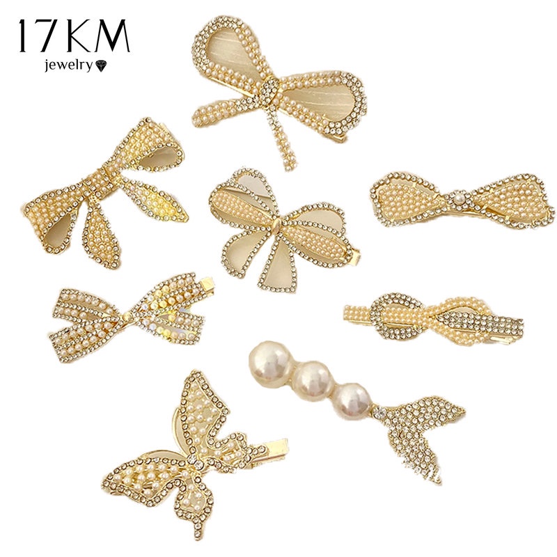 Kẹp tóc 17KM nơ hoa nhiều mẫu khác tùy chọn đính ngọc trai nhân tạo màu vàng xinh xắn dành cho nữ