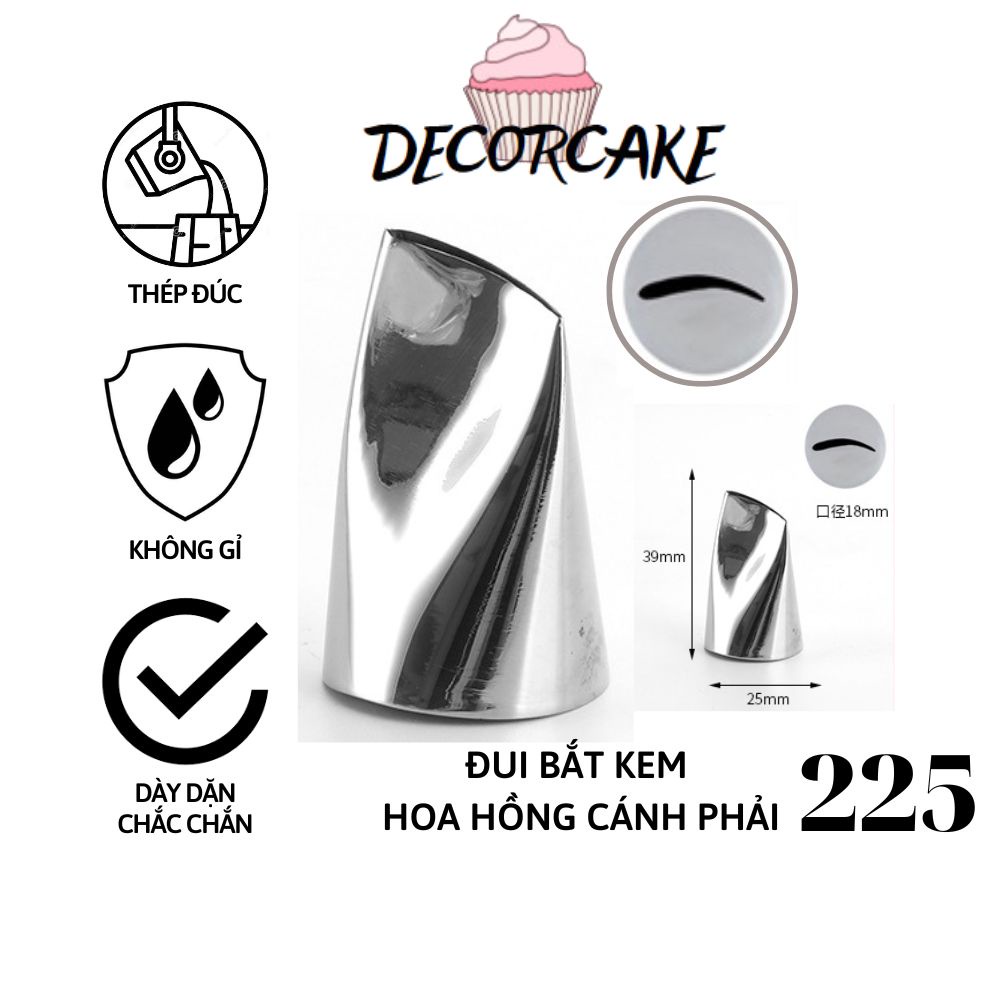 Đui bắt kem 225, Đuôi bắt hoa hồng cánh phải trang trí bánh bằng thép không gỉ đúc liền khối dày dặn, cứng cáp