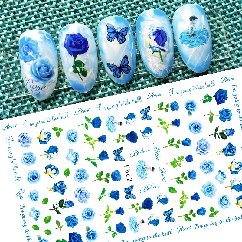 Hình Dán Móng Tay Phong Cách Mới Mùa Xuân Hoa Hồng Đỏ Xanh Lam Tươi Mới