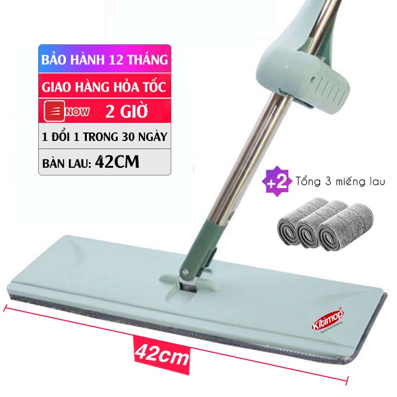 Cây lau nhà tự vắt thông minh Kitimop-X cán inox chắc chắn siêu bền, bàn lau dài 42cm lau sạch khô nhanh, 3 miếng lau