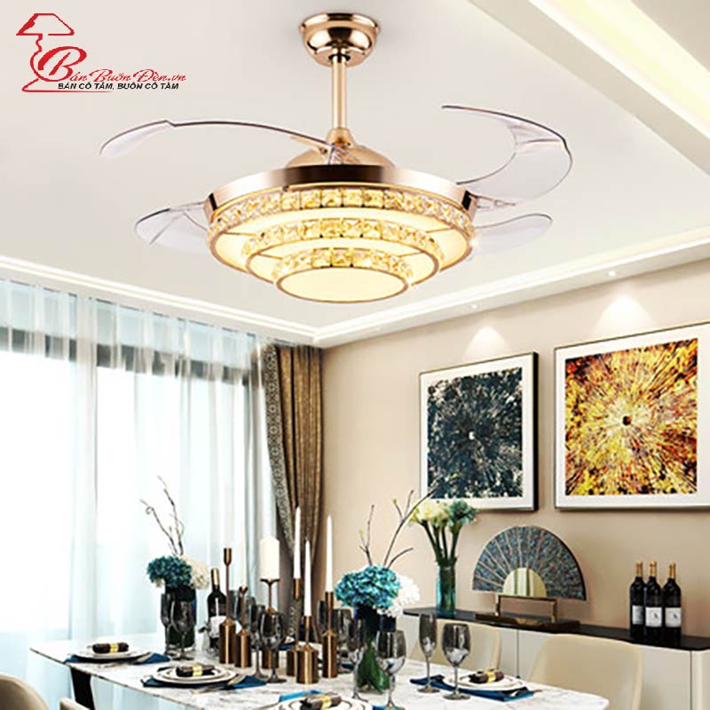 Quạt trần đèn dấu cánh, quạt trần phòng khách (LM872) , cánh cụp cánh xòe có 3 chế độ ánh sáng có điều khiển