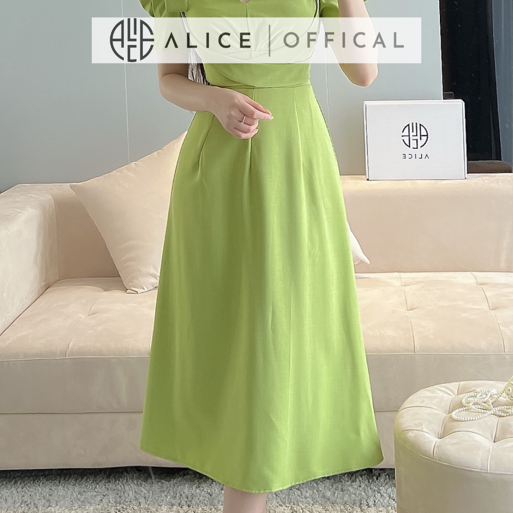 Váy Công Sở Cổ Vuông ALICE Chất Vải Cao Cấp Váy Dáng Suông Eo Đai Chéo Tay Bồng V843