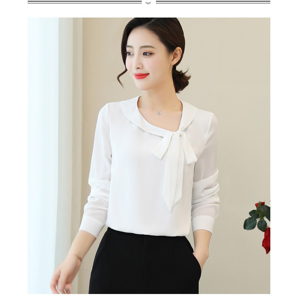 Áo sơ mi nữ công sở tay dài cổ bèo cột nơ lệch bên. | BigBuy360 - bigbuy360.vn