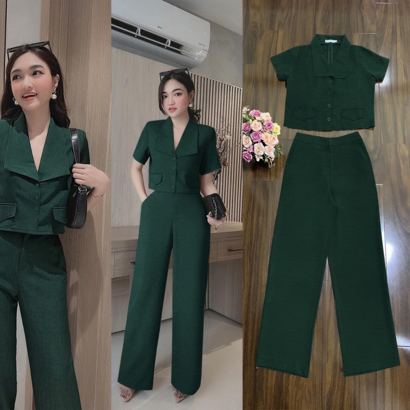 Set Bộ Nữ 🌸FREESHIP🌸 Set nguyên bộ quần dài ống suông áo croptop cổ vest 2 nắp túi giả xinh xắn  J1170