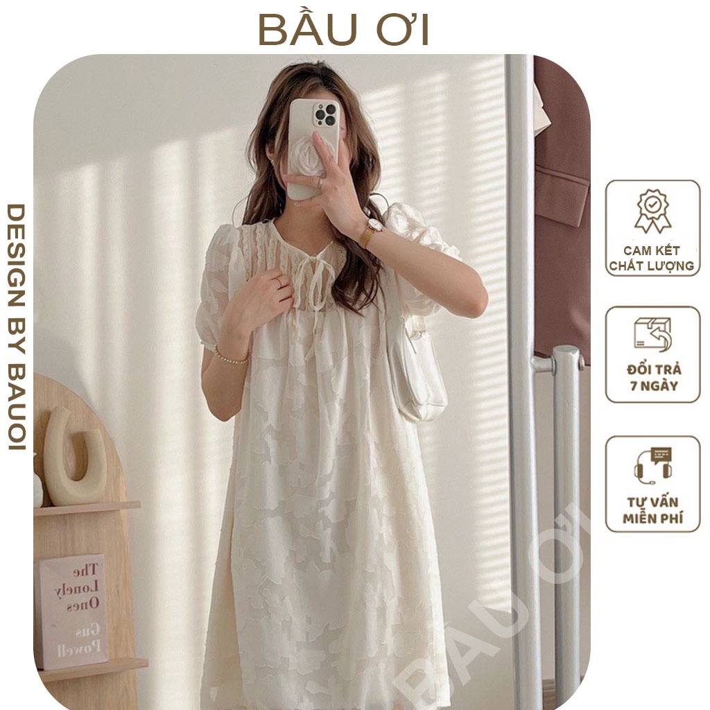 [BÂUOII V119] ĐẦM BẦU GẤM HOA NỔI PHỐI REN 2 LỚP CỔ THẮT NƠ TAY BỒNG MẶC ĐI LÀM ĐI DỰ TIỆC - VÁY BẦU CÔNG SỞ DÁNG BABYDO