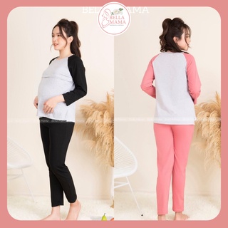 Đồ ngủ bầu/sau sinh thiết kế mở khoá Bella ,100% cotton mềm mại, quần chỉnh chun bụng |Freesize 45-70kg - BN4