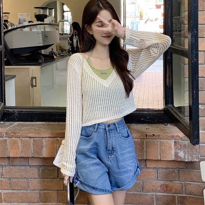 Set Áo Len Lưới Dệt Kim Dài Tay Kèm Áo Trong M1221-Teen 888