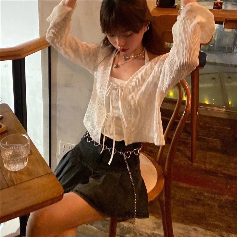 COZOK Áo Khoác Cardigan Tay Dài Màu Trơn Cột Dây Thời Trang Cho Nữ
