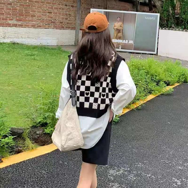DUNEA Áo len không tay họa tiết sọc caro trắng đen phong cách Hàn Quốc