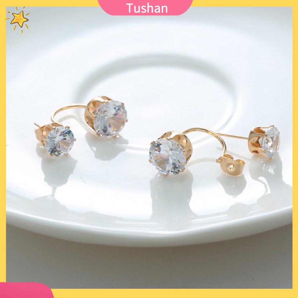 TUSH_Fashion Women Double Cubic Zirconia Drop Ear Jacket Piercing Earrings Jewelry