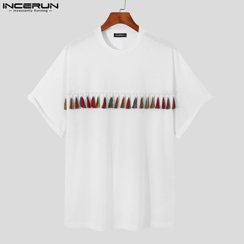 Áo thun INCERUN ngắn tay phối tua rua nhiều màu sắc phong cách dân tộc cho nam
