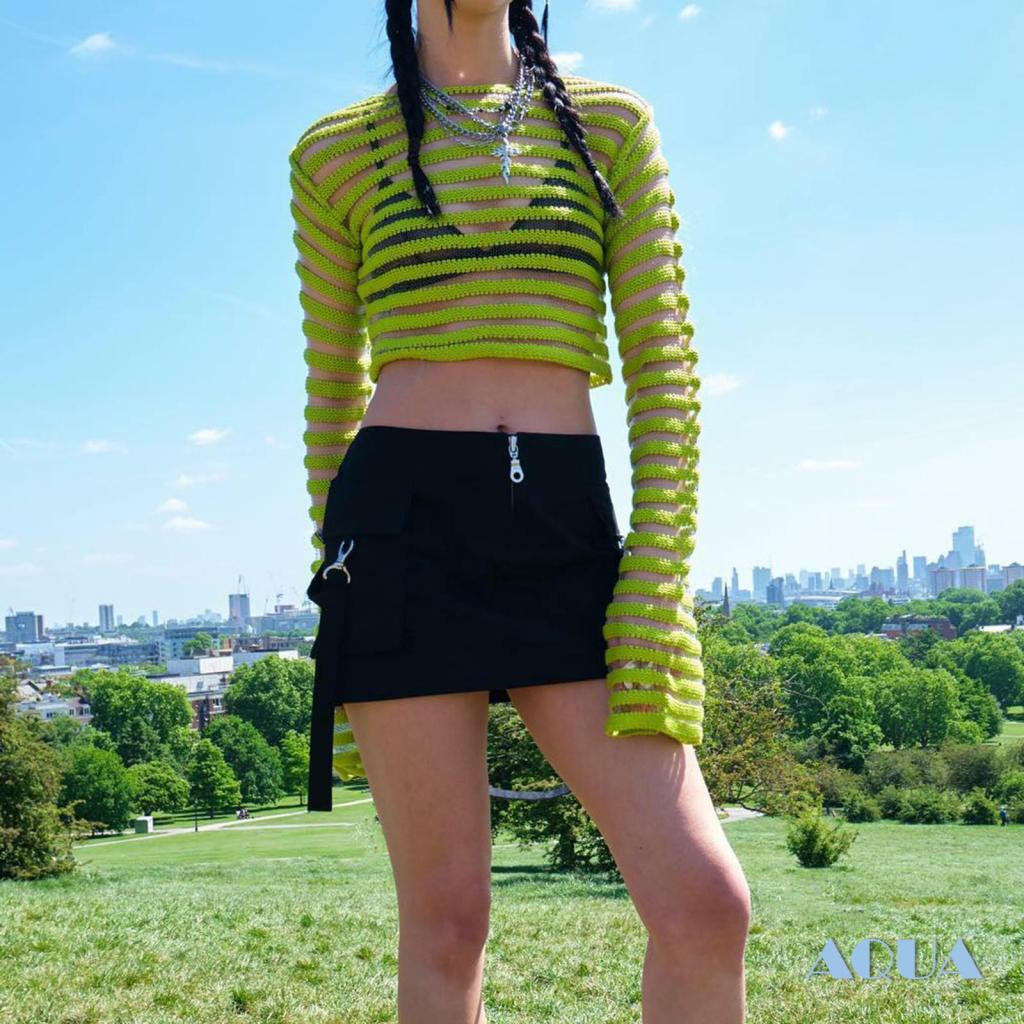 Áo Croptop Dệt Kim Tay Dài Cổ Tròn Xuyên Thấu Kẻ Sọc Ngang Thời Trang Mùa Hè Cho Bạn Gái