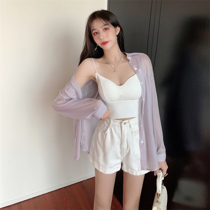 Summer New Korean Fashion Back Slit Lace-up Thin Shirt and Sun-Proof Clothing