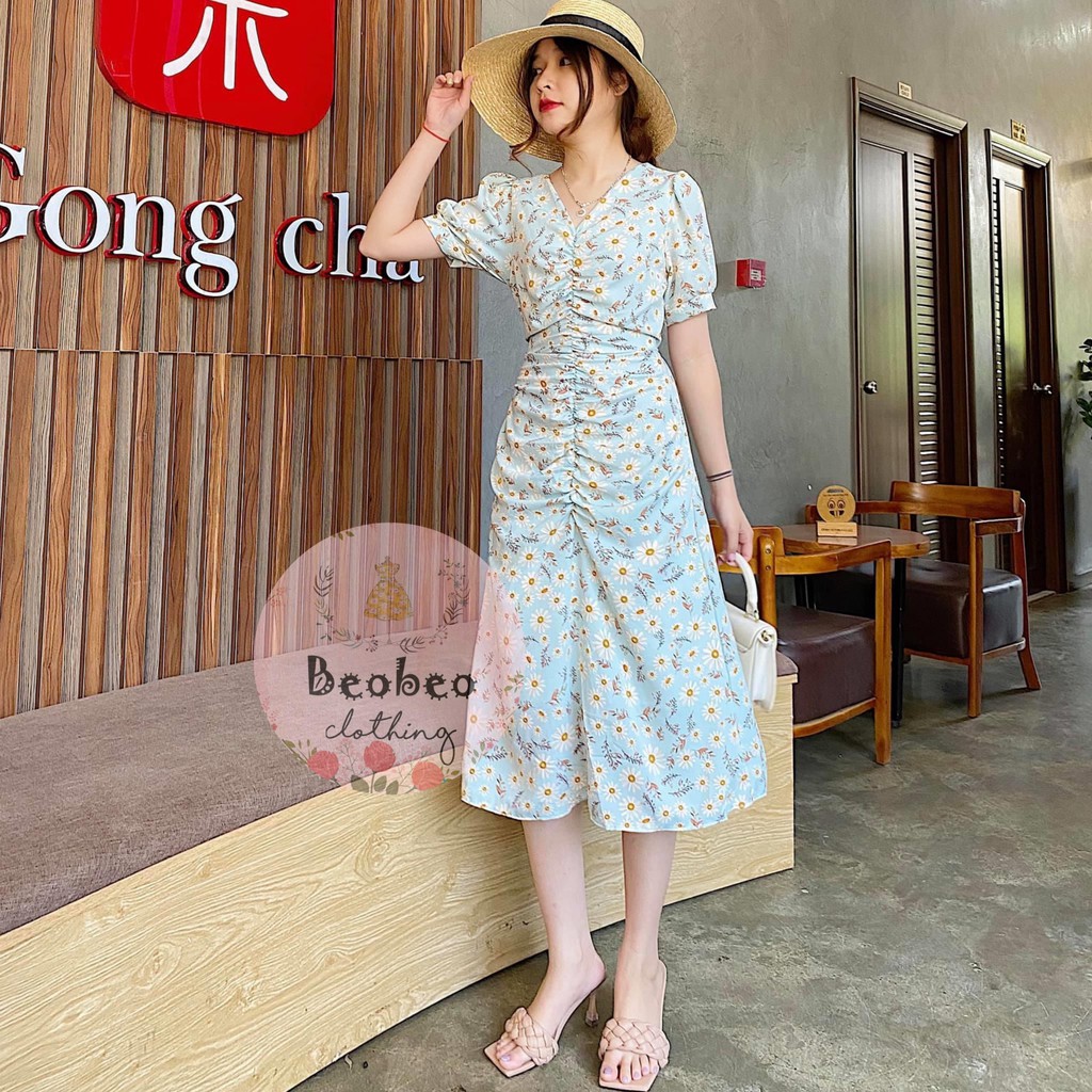 Đầm midi voan hoa cổ v nhúng thân thắt nơ vintage