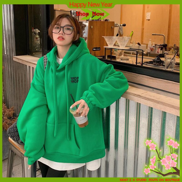 Áo khoác hoodie dáng rộng phối nhung dày màu xanh lá phong cách cổ điển thời trang mùa đông cho nữ