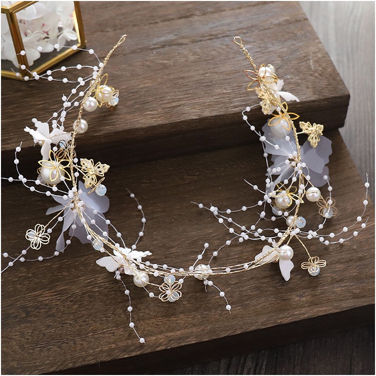 Bộ Băng Đô Cài Tóc + Bông Tai Đính Hoa Và Cánh Bướm Handmade Cho Cô Dâu