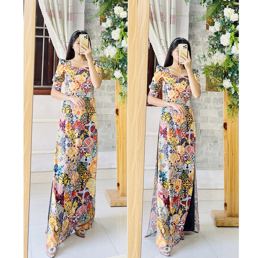 Áo dài gạch bông cô ba sài gòn - áo tay bồng tay phồng