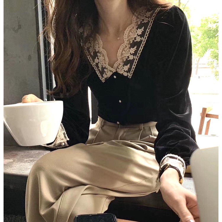 Áo sơ mi nhung tay dài phối ren thời trang thanh lịch dành cho nữ