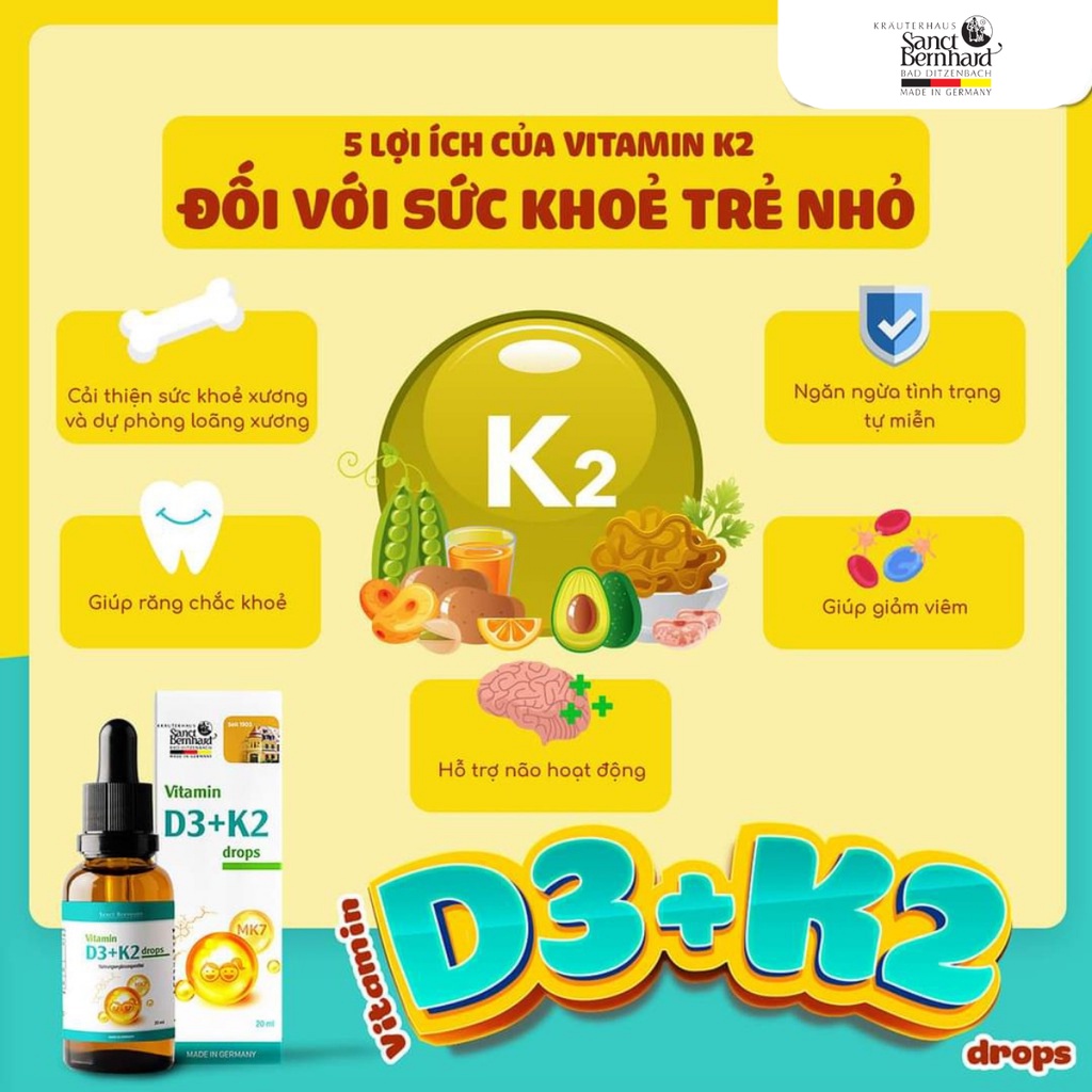 Vitamin D3 K2 MK7 Sanct Bernhard Đức tăng hấp thu Canxi trong 1 giọt, viên uống bổ sung canxi cho bé (10ml)