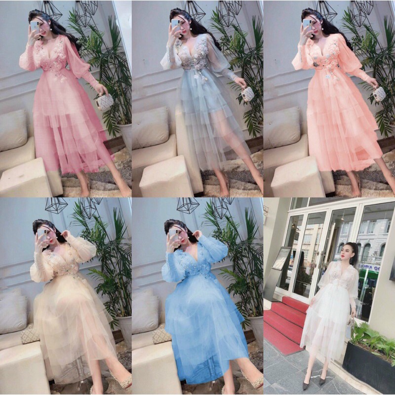 ẢNH VÀ VIDEO THẬT 1000% Đầm lưới tầng kết cườm và hoa nổi