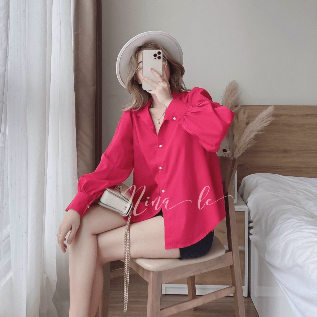 Sét Bộ 2 Món Áo Sơ mi Dài Tay Chất Lụa Màu Hồng Đậm Kết Hợp Quần Đùi Tuyết Mưa Đen Phong Cách Trẻ Trung Lãng Mạn [NEW UN