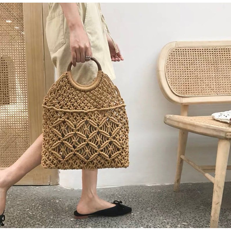 Túi đi biển, đan macrame siêu xinh xắn dành cho mùa hè, phong cách vintage, boho, Cao: 29cm Dài: 32cm Vòng quai: 11cm