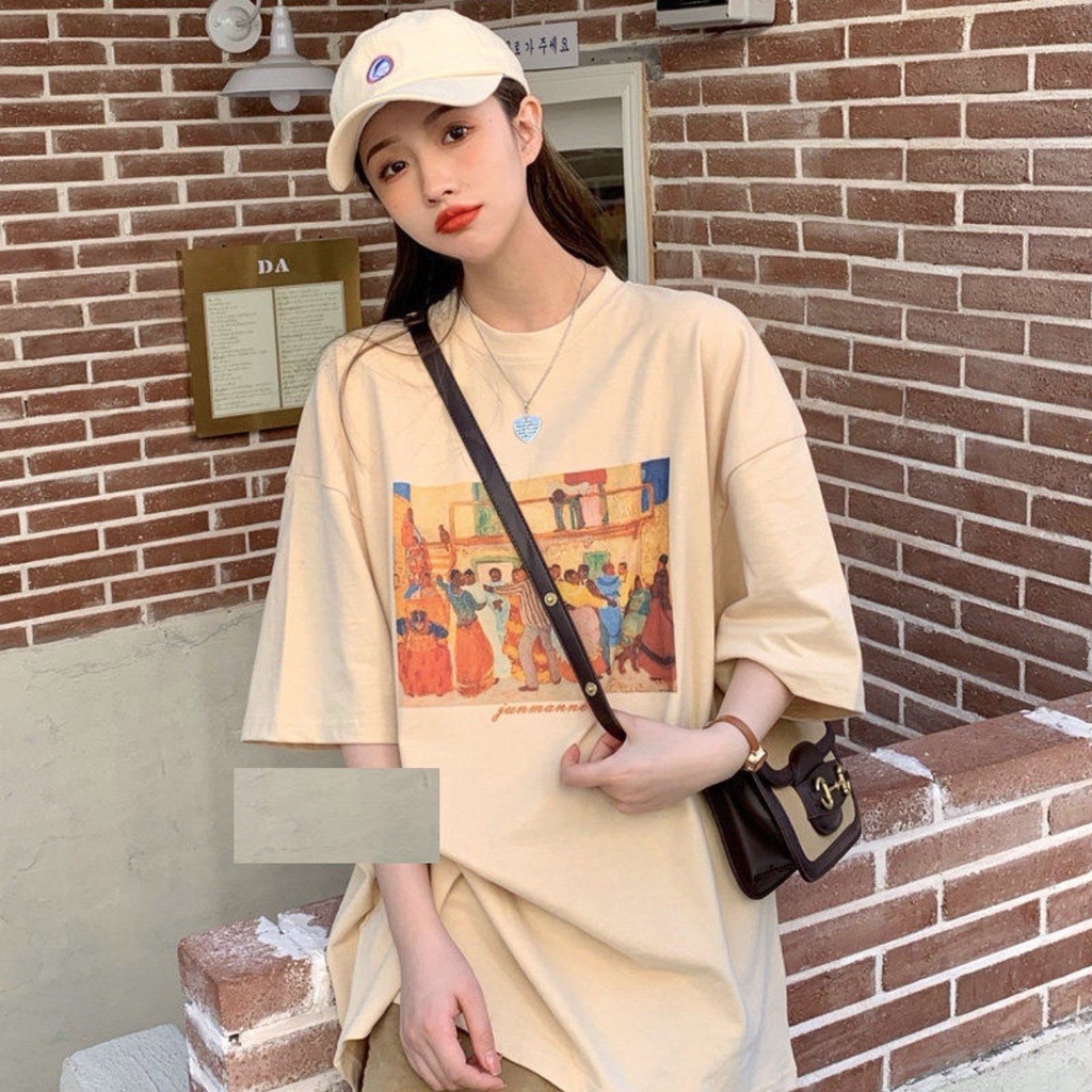 Áo thun bức tranh khiêu vũ vintage oversize nam nữ - Phông suông cổ tròn in unisex - Chất cotton xịn