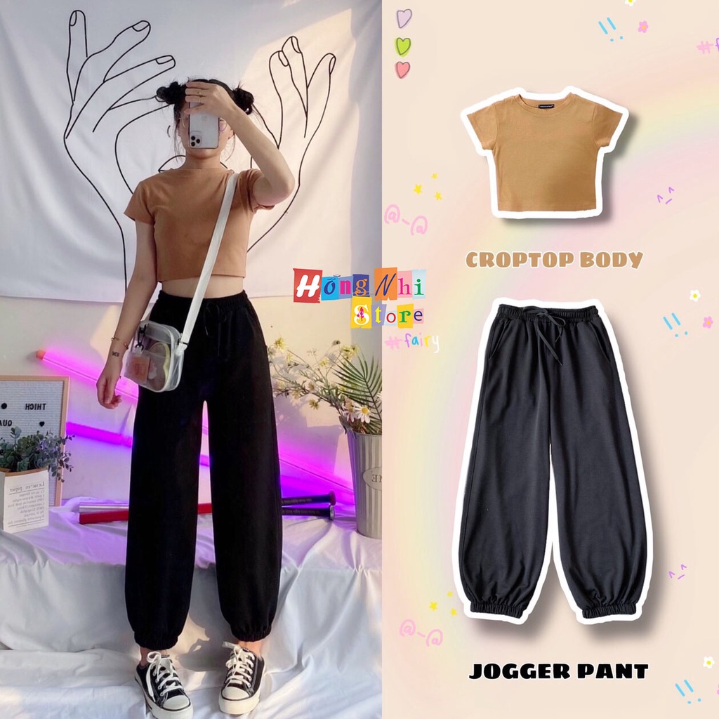 Set Bộ Áo Croptop Body Phối Quần Jogger Trơn Bo Lai Dáng Rộng Ulzzang - MM