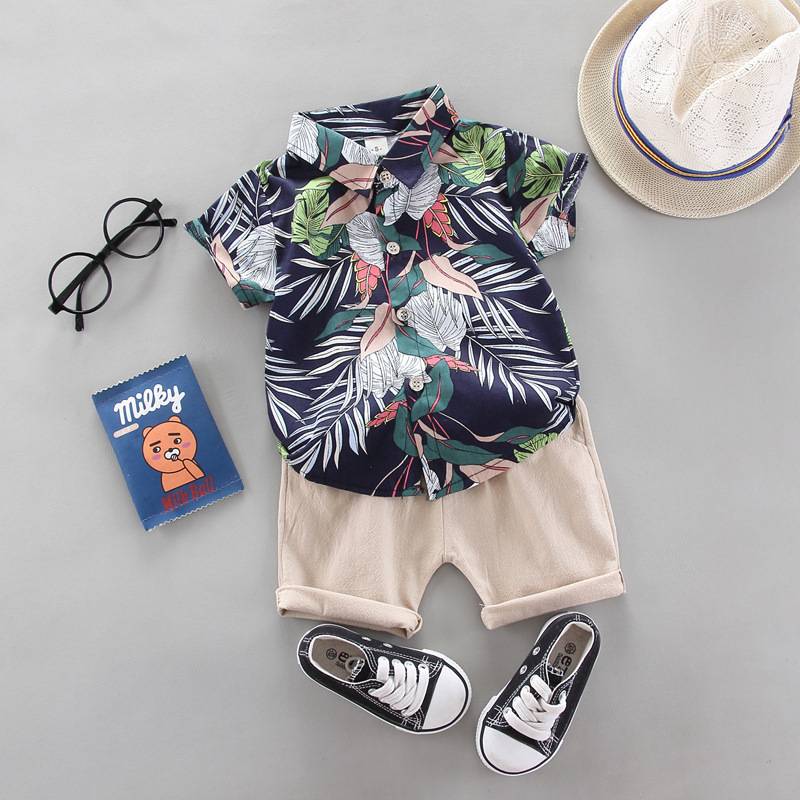 0-5 tuổi Chàng trai Thời trang Mùa hè Trẻ em Lapel Bộ đồ ngắn tay Boy Lá Hoa văn Áo sơ mi ngắn tay + Quần short 2 mảnh Set