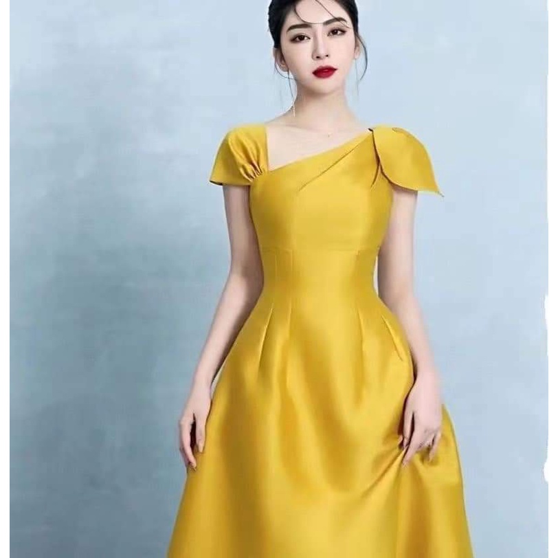 Váy thiết kế, đầm dự tiệc dáng xòe đính nơ vai sang trọng