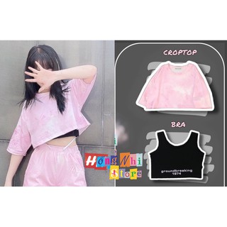 Áo Croptop Loang Màu Hồng Kèm Bra Tay Lỡ Dáng Rộng Oversize Ulzzang - MM
