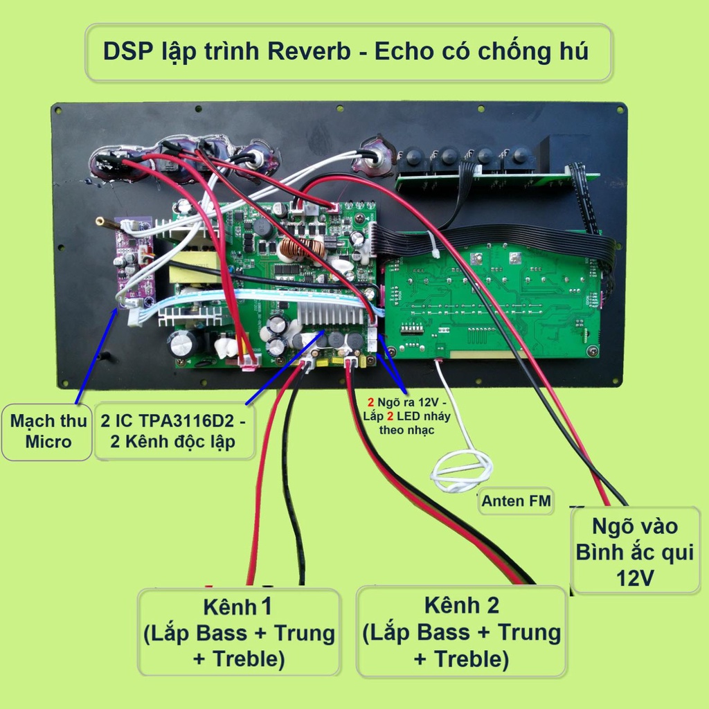 Mạch loa kéo Reverb chống hú 4 tấc đôi 3 đường tiếng 2 IC TPA3116D2 150W + 150W nguồn xung 220V kèm loa và 1 bộ Micro