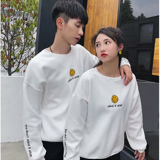 ÁO THU ĐÔNG CẶP TÌNH YÊU IN HỌA TIẾT HÌNH MẶT CƯỜI NỔI BẬT, PHONG CÁCH BASIC