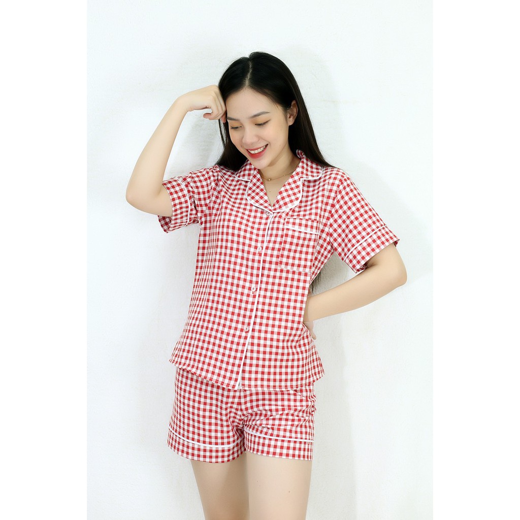 Bộ đồ bộ Pijama nữ đùi D46 SỌC CARO ĐỎ TRẮNG - Lụa Cotton - Cực Kì Sang Chảnh