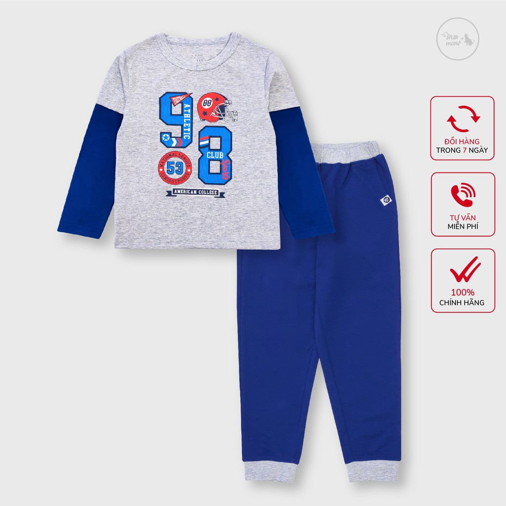 Bộ đồ thu đông dài tay cho bé trai BIGFOX - MISS MEOW size đại, bộ dài tay cho bé vải thun cotton in số 98 cỡ 10 - 26kg