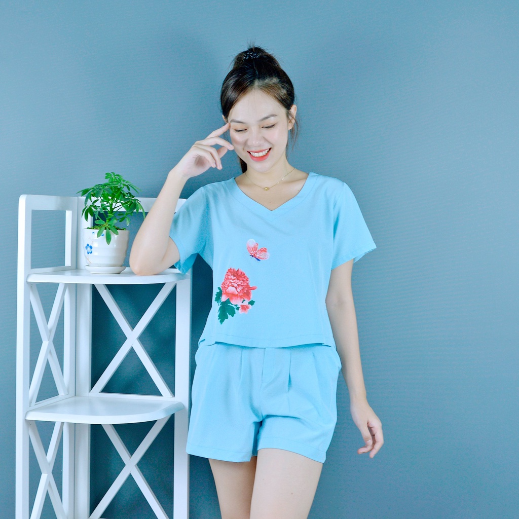 Bộ đồ nữ MÀU XANH NGỌC IN HOA CỰC XINH  - vải lụa cao cấp - Lịch sự - Quý phái