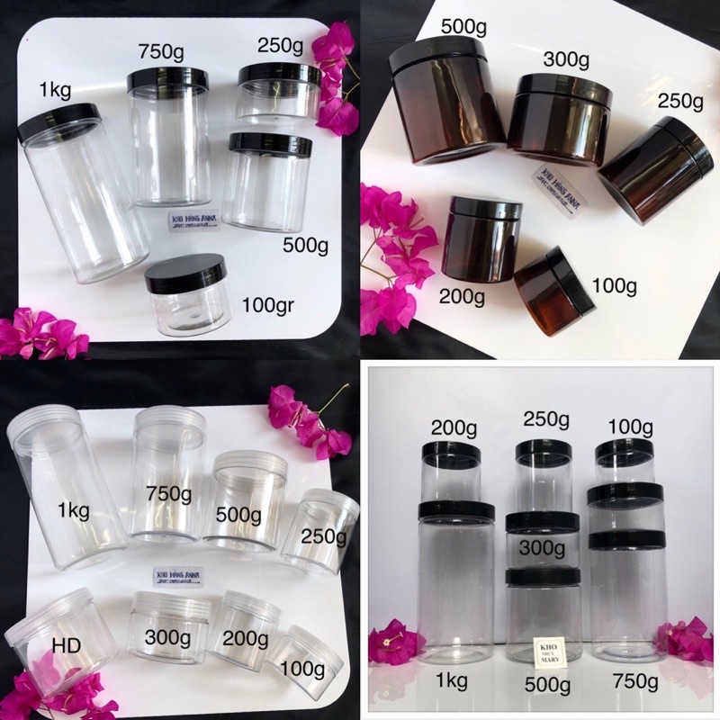 Hủ nhựa chiết mỹ phẩm Đủ Size - Hủ nhựa trong suốt/ hủ nâu 50gr/ 100gr/ 200gr/ 250gr/ 300gr/ 500gr nắp Đen, nhôm,trong