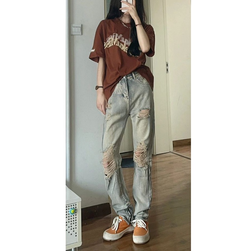 Quần Jean Nữ Lưng Cao Ống Đứng Rách Gối Phong Cách Đường Phố