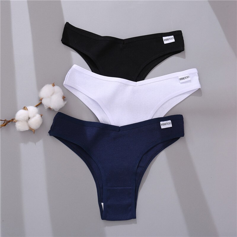 Set 3 quần lót FINETOO chất liệu cotton phong cách Brazil lưng chữ V gợi cảm cho nữ size M-XL