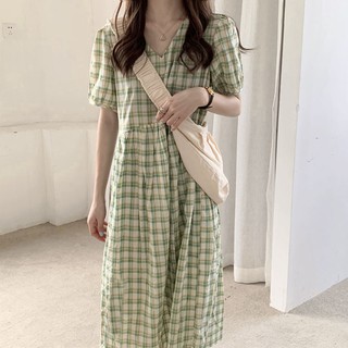 (R133) đầm ulzzang kẻ sọc caro xanh cổ v