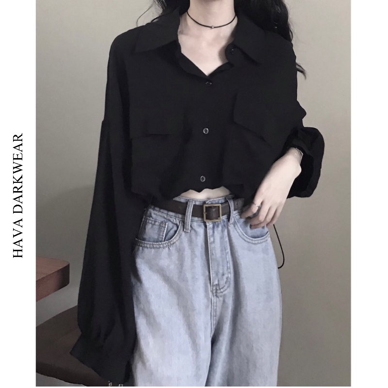 Áo sơ mi croptop màu đen HAVADW có dây rút eo 2 túi ngực form suông cá tính chất lanh mềm mát ASM70