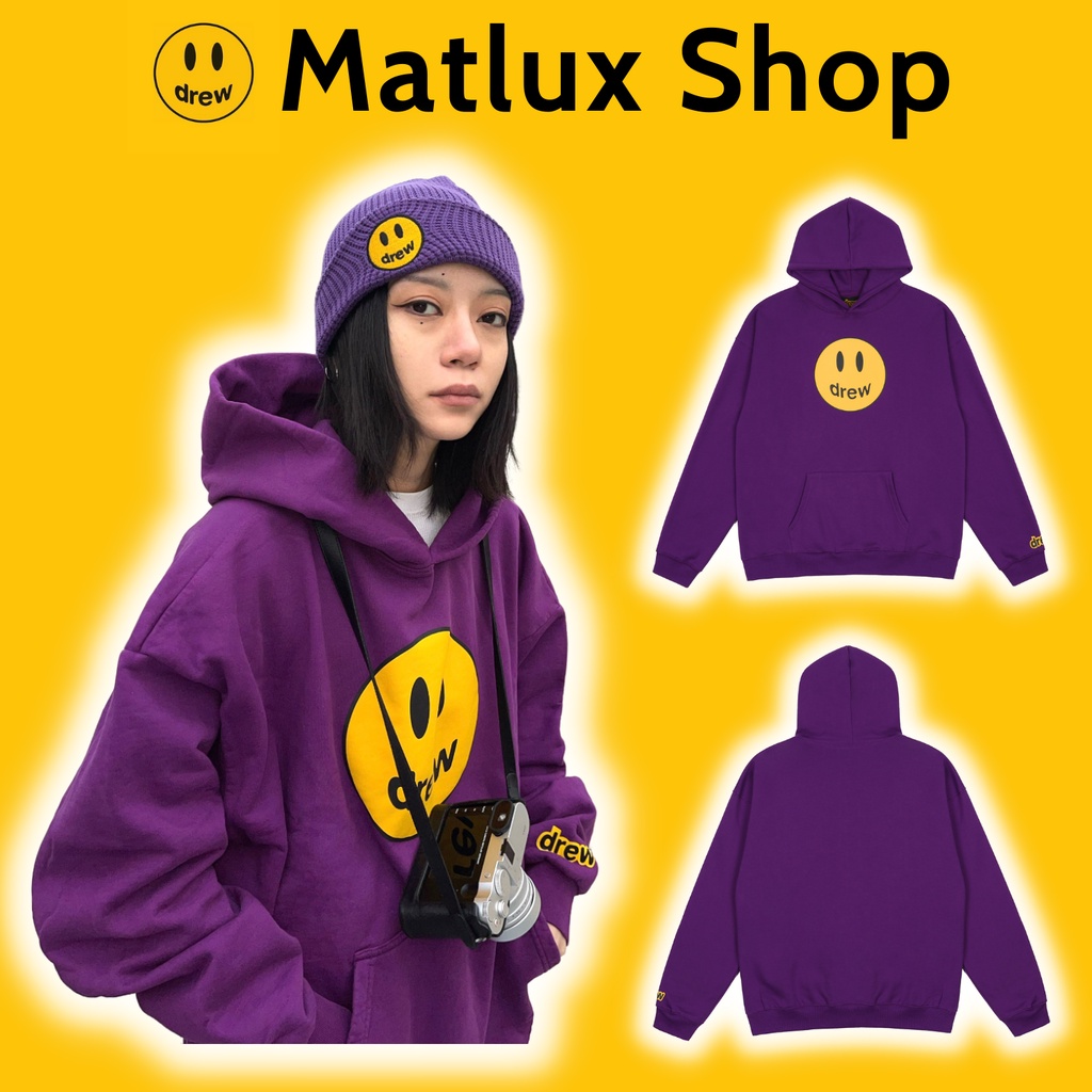 Áo hoodie DREW HOUSE Mascot Justin Bieber SS21 màu tím bản cao cấp chuẩn form âu, Áo khoác nỉ có mũ DREW mặt cười JB