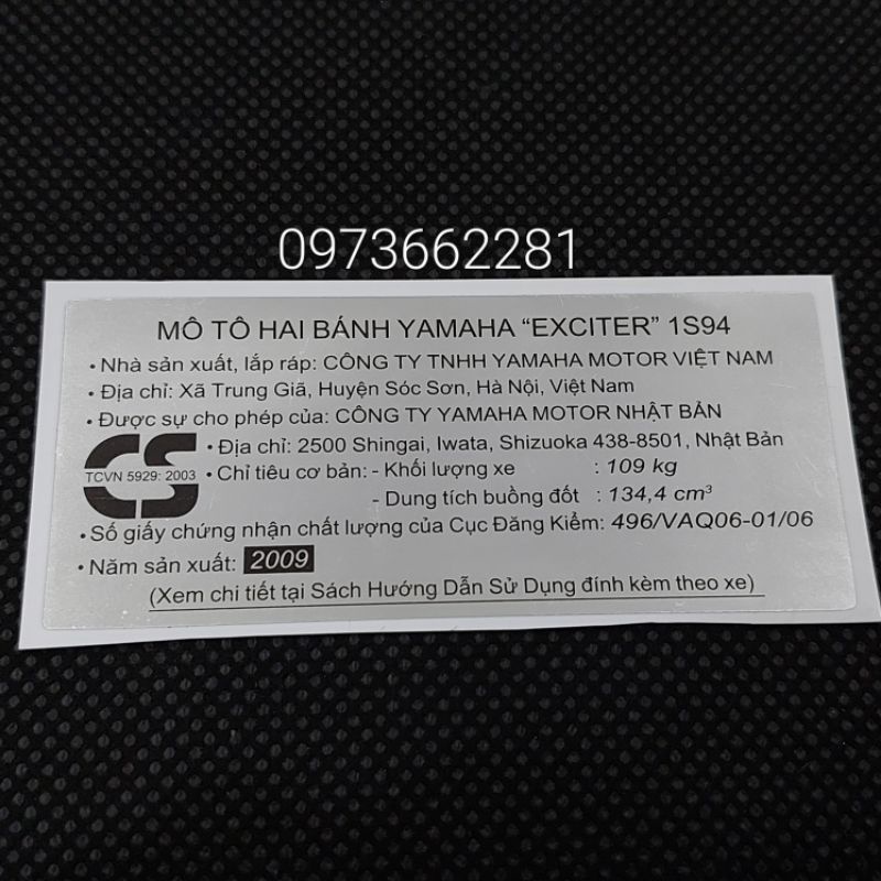Tem dán càng gắp EXCITER 2009.1S94, Tem thông số năm Sản xuất 135