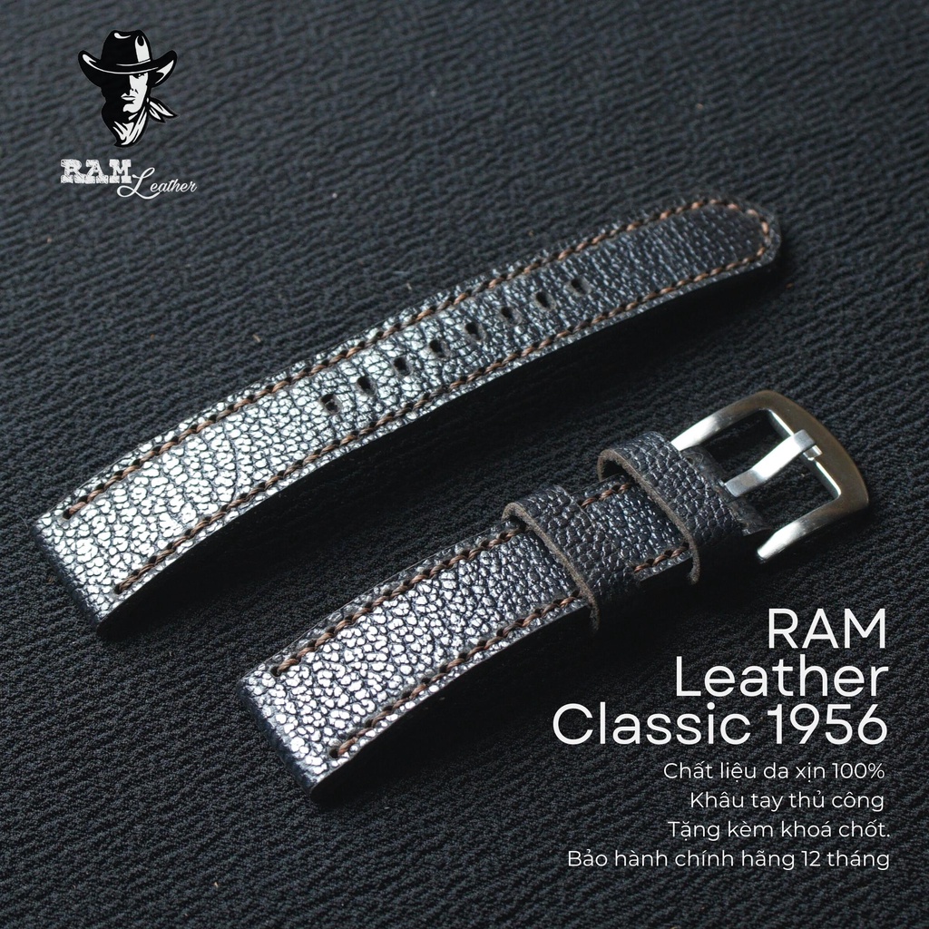 Dây Đồng Da Bò Thật Vân Cá Mập RAM Leather Classic 1956 Màu Đen Thép