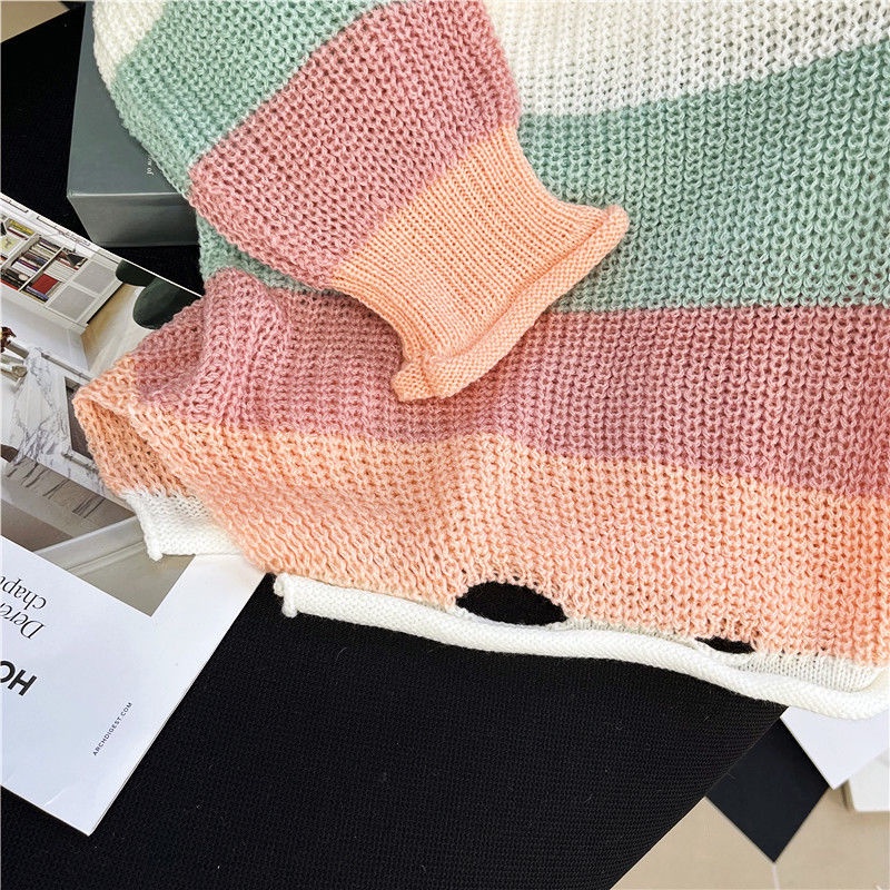 Áo Sweater Dệt Kim Kẻ Sọc Dáng Rộng Thời Trang Mùa Thu Cho Nữ