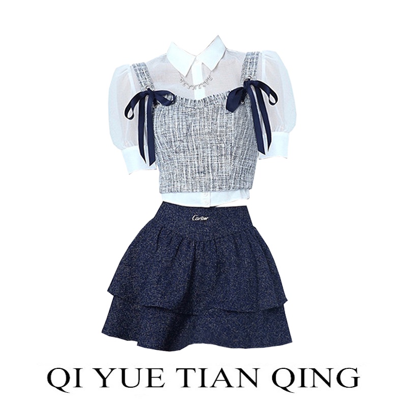 Set áo hai dây đính nơ vải tweed + Áo sơ mi tay ngắn bồng vải voan đơn giản + Chân váy cạp cao xếp tầng năng động